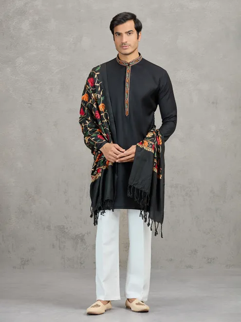Black pashmina silk embroidered festive kurta suit with dupatta