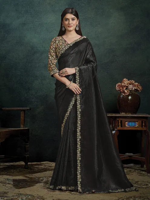 Black pearl embellished paper silk crinkle saree