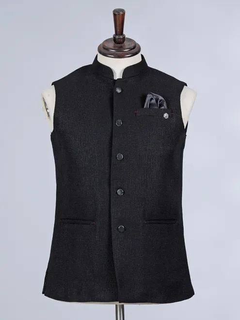 Black plain cotton silk waistcoat
