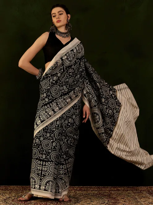 Black print bhagalpuri silk saree with print