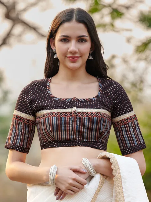 Black printed ajrakh cotton ready made blouse