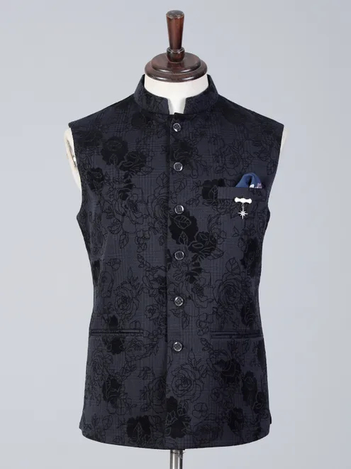 Black printed cotton silk festive waistcoat
