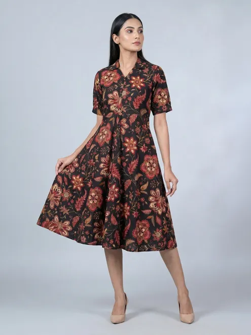 Black printed cotton silk kurti for casual wear