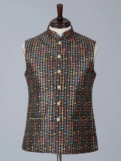 Black printed cotton silk waistcoat for festive