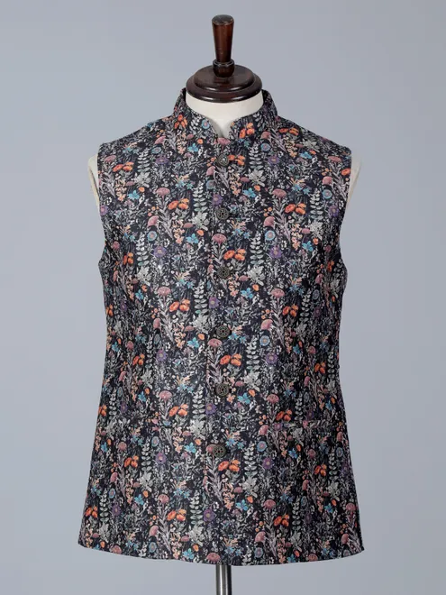 Black printed cotton silk waistcoat with thread work