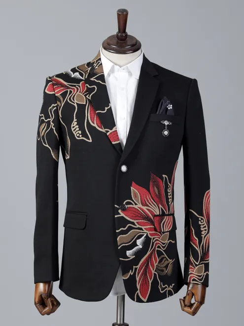 Black printed cotton two button blazer for party wear