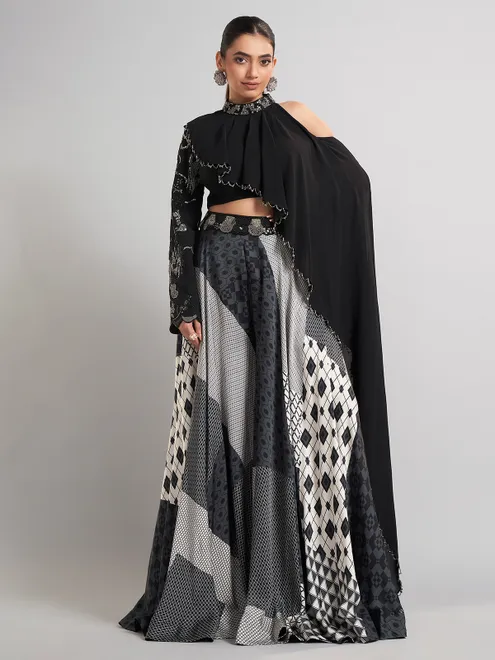 Black printed crepe silk designer palazzo suit
