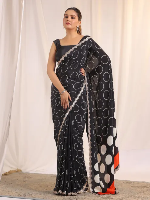 Black printed crepe silk saree with unstitched blouse