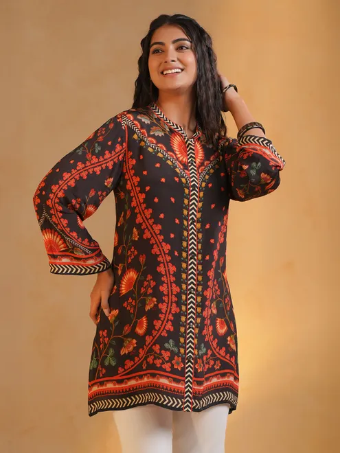 Black printed crepe silk top for women