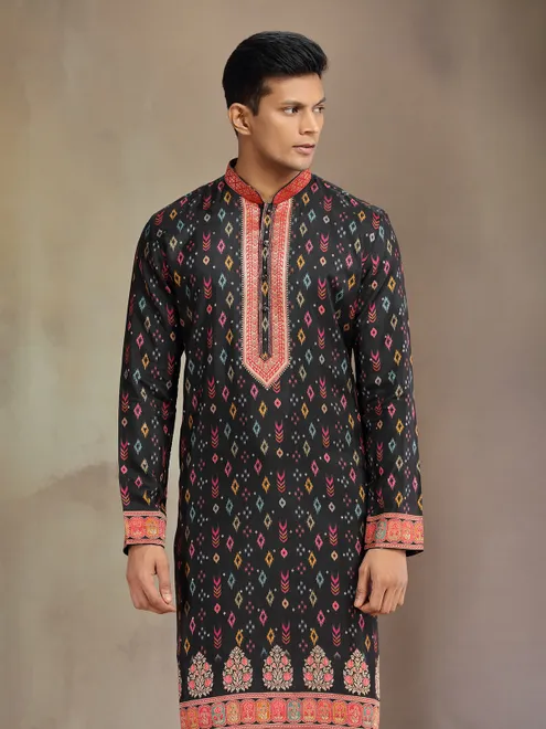 Black printed festive wear silk kurta suit