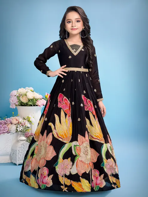 Black printed gown with sequins detailing