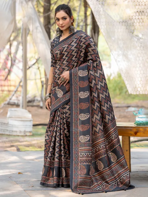 Black printed saree in cozi silk