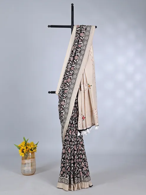 Black printed saree in tusser silk with thread work