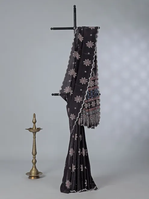 Black printed satin silk saree with festive wear
