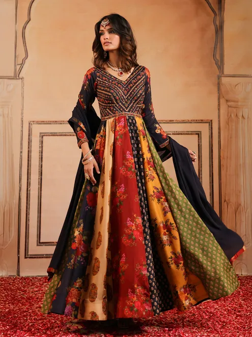 Black printed silk anarkali suit with dupatta