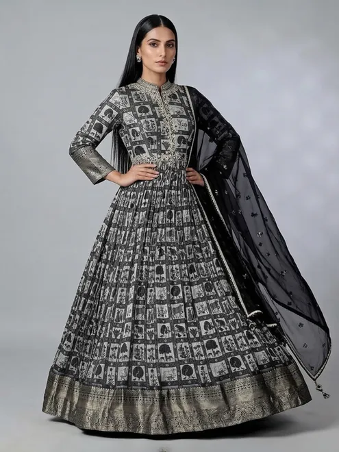 Black printed silk anarkali suit with zardosi embellishments