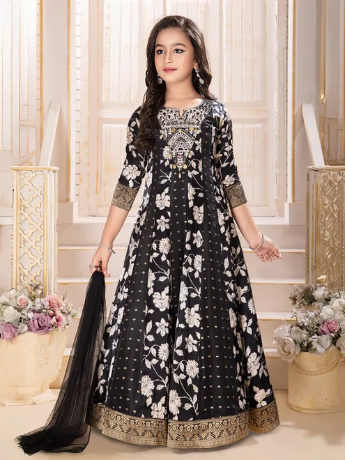 Black printed silk girls gown for wedding wear