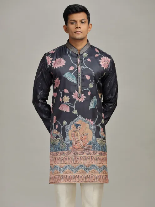 Black printed tusser silk kurta pajama for festive wear