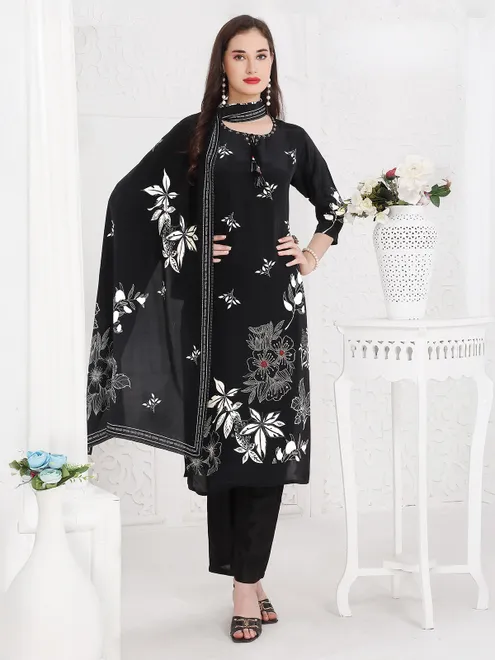 Black printed silk kurti set for women festive wear