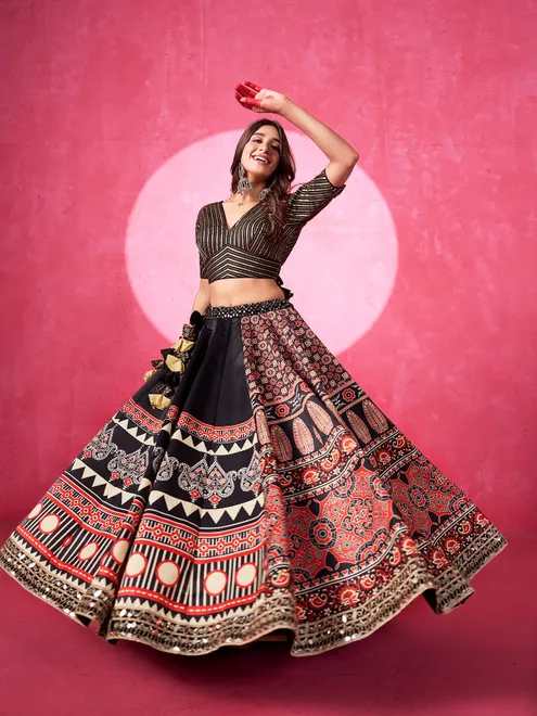 Black printed silk navratri lehenga choli