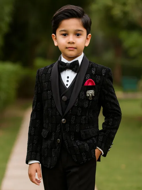 Black printed terry rayon coat suit for for boys