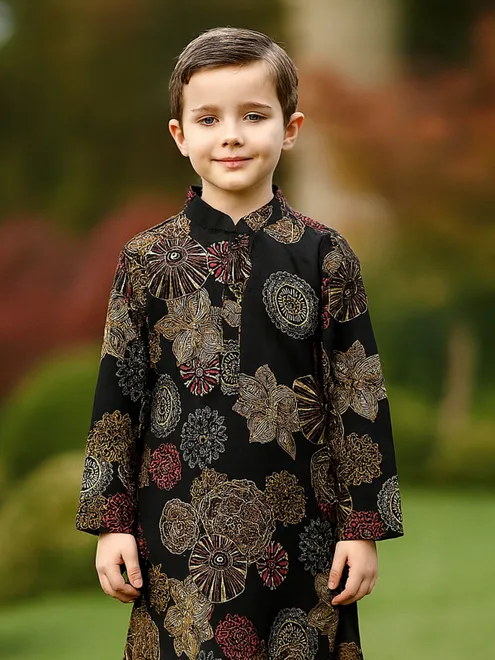 Black rayon printed kurta suit for boys