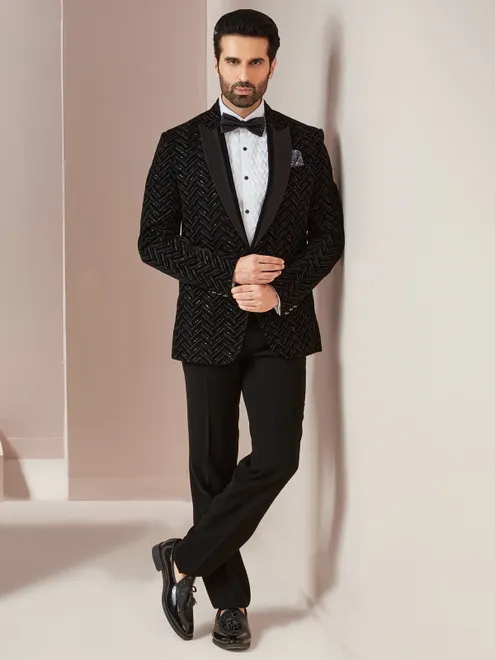 Black reception wear velvet coat suit