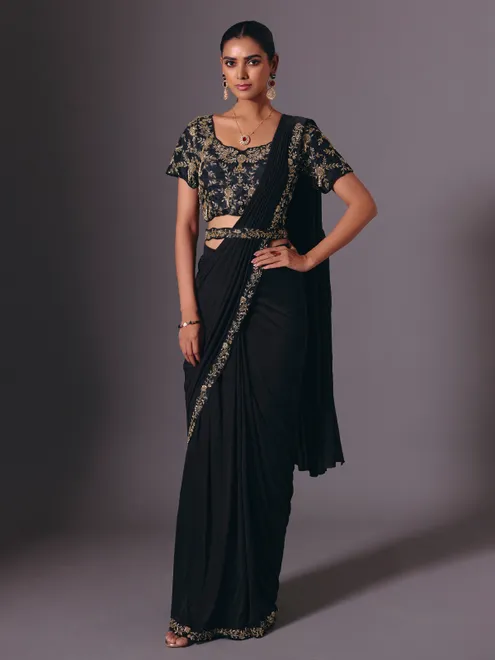 Black satin lycra saree with elegant festive embellishments