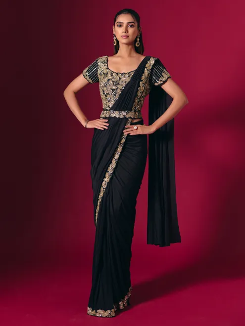 Black satin lycra saree with glam cutdana highlight