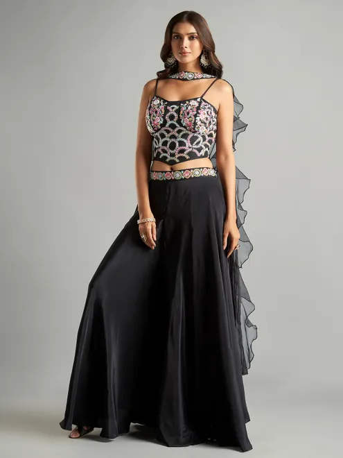 Black satin palazzo suit with ruffle dupatta