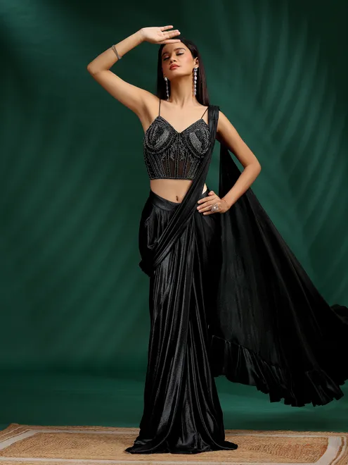 Black satin ready to wear saree for party