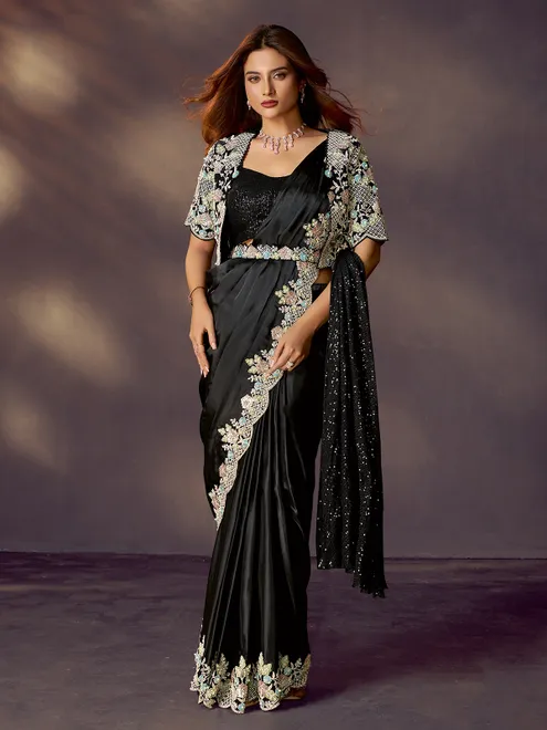 Black satin silk jacket style saree with mirror work