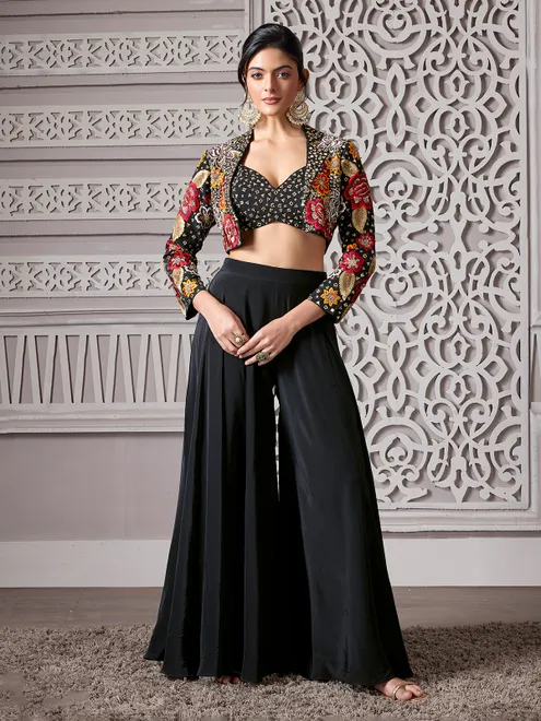 Black satin silk mirror and embroidered jacket palazzo suit