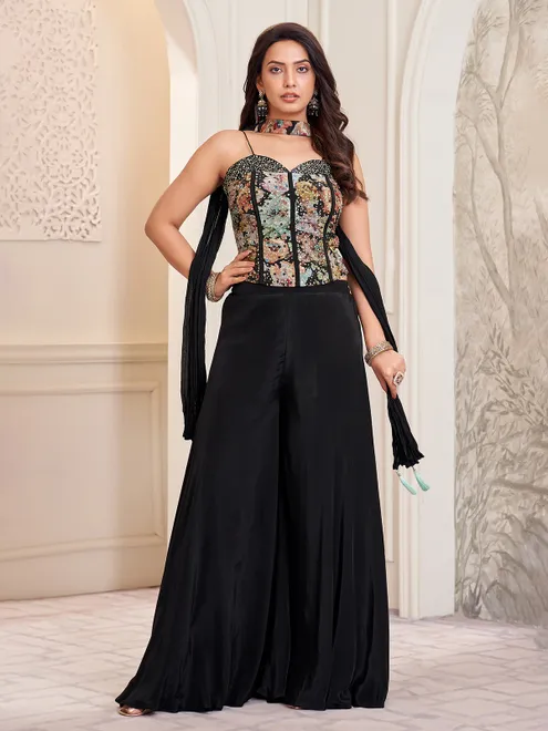 Black satin silk palazzo suit with dupatta