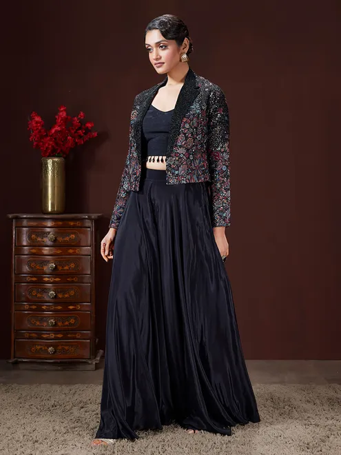 Black satin silk palazzo suit with jacket