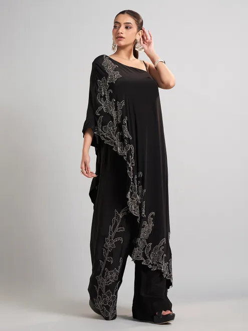 Black satin silk party wear designer palazzo suit
