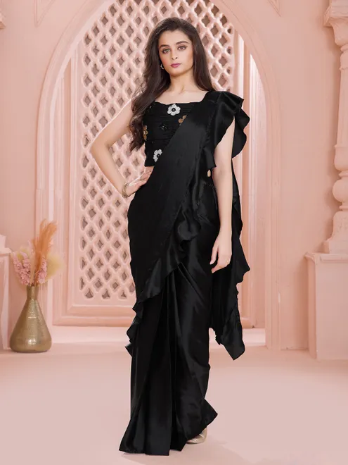 Black satin silk ruffle designer drape choli saree
