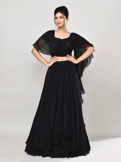 Black satin silk ruffle dupatta lehenga choli
