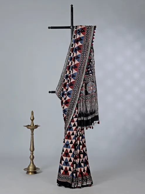 Black satin silk saree with mirror work