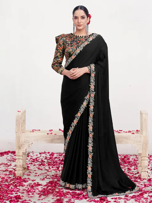 Black satin silk saree with resham stone detailing