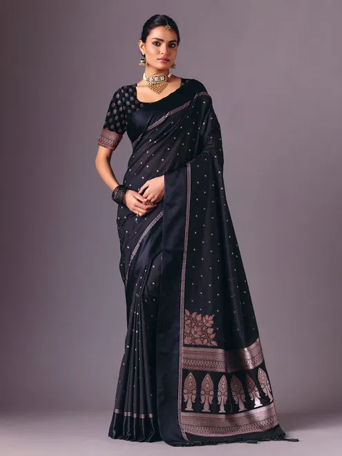 Black semi silk traditional zari work saree