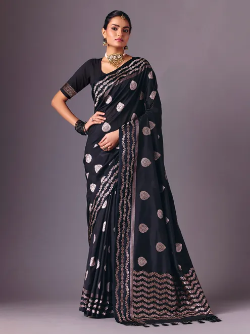Black semi silk zari butti work saree