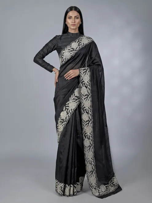Black semi tissue silk saree with cutworked border