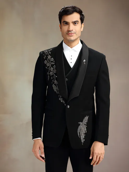 Black sequins crafted coat suit