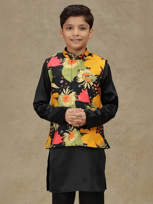 Black sequins worked printed silk waistcoat set