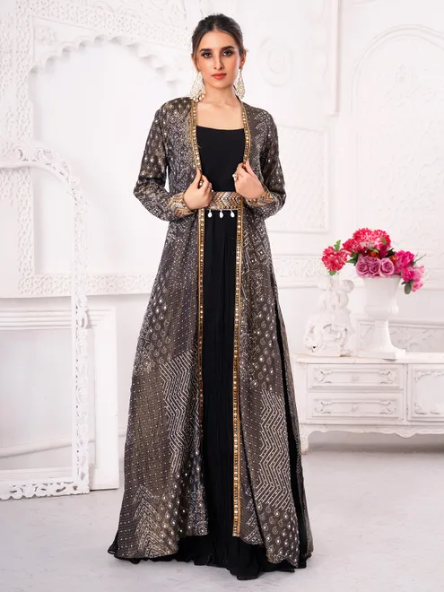 Black silk anarkali jacket style set with cowrie shells
