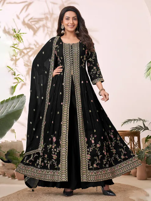 Black silk anarkali palazzo suit with dupatta