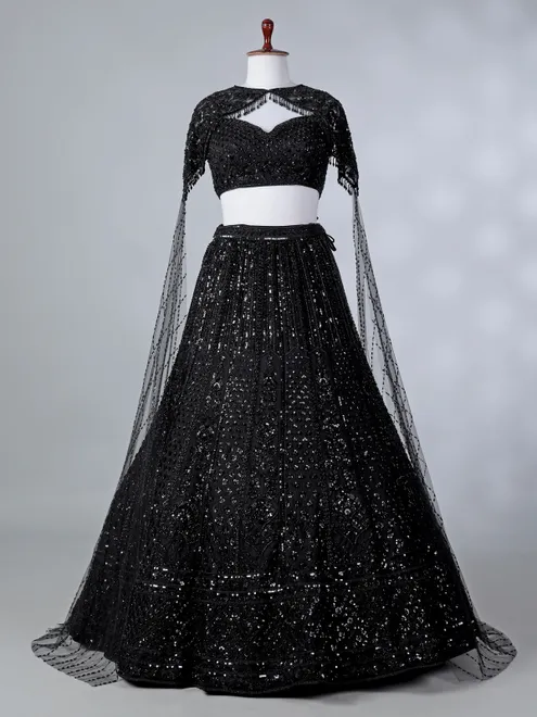 Black silk cape style cutdana lehenga choli
