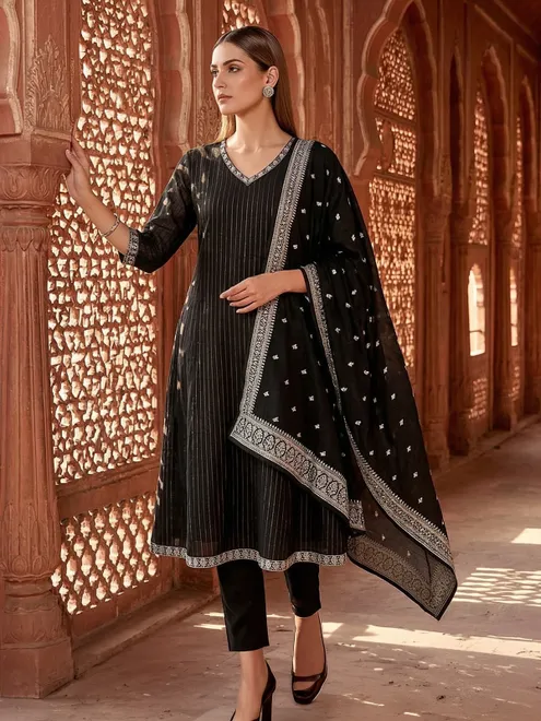 Black silk embroidered anarkali suit with dupatta