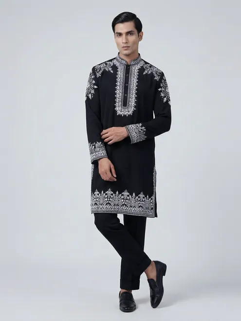 Black silk embroidered festive kurta suit